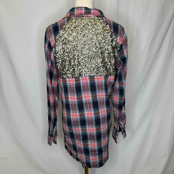 Free People Plaid Shirt Small Sequin Embellished Bohemian Western Mixed Media - Picture 4 of 14